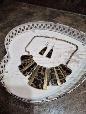 Gold and Leopard Statement Necklace & Earring Set